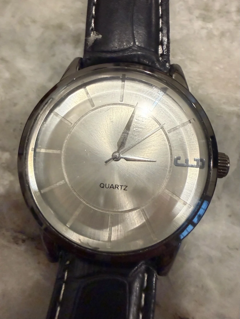 Men's Black Leather Strap Watch with Silver Dial